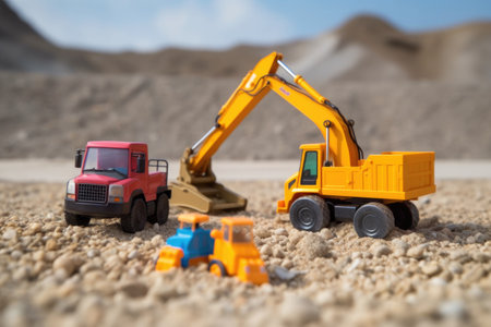 toy dump truck and excavator left in a sandy beach construction site, created with generative aiの素材
