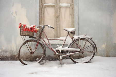 snow-covered tandem bicycle waiting for riders, created with generative aiの素材