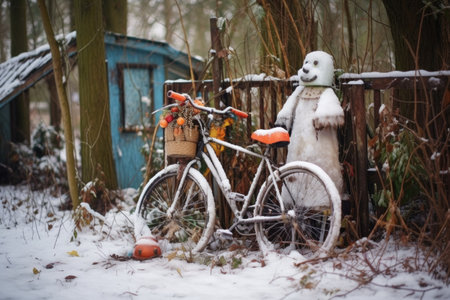 abandoned bike with a snowman built next to it in a winter park, created with generative aiの素材