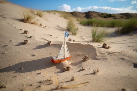 discarded toy sailboat stuck in a sand dune, created with generative aiの素材