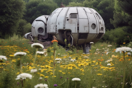 overgrown spacecraft nestled in a field of wildflowers, created with generative aiの素材