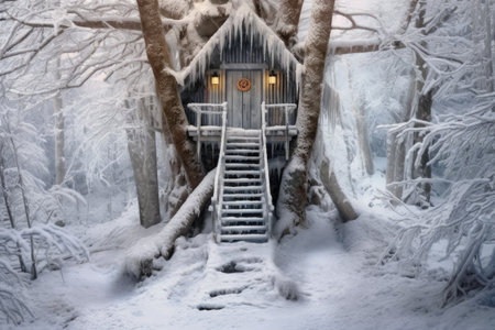 snowy treehouse door ajar, inviting exploration, created with generative aiの素材