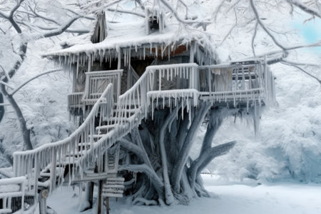 snow-covered treehouse with icicles hanging from roof, created with generative aiの素材