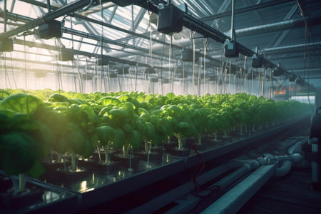 automated watering system in a hydroponic greenhouse, created with generative aiの素材