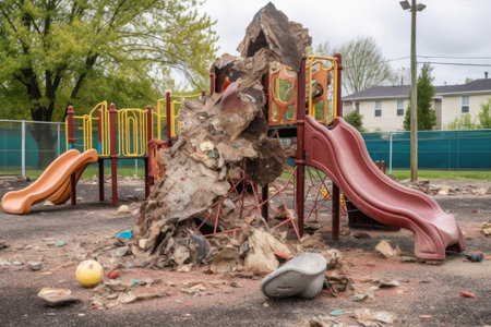damaged playground equipment with debris around, created with generative aiの素材