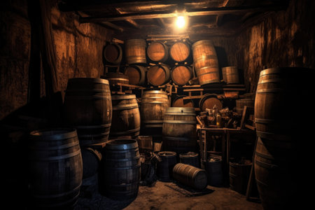 stack of old barrels in a dimly lit cellar, created with generative aiの素材