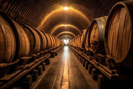 perspective shot of barrels lined up in a cellar, created with generative aiの素材