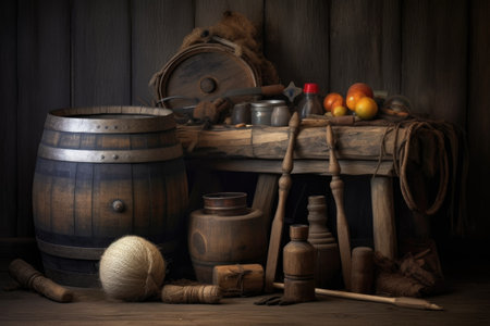 wooden barrel with antique tools beside it, created with generative aiの素材
