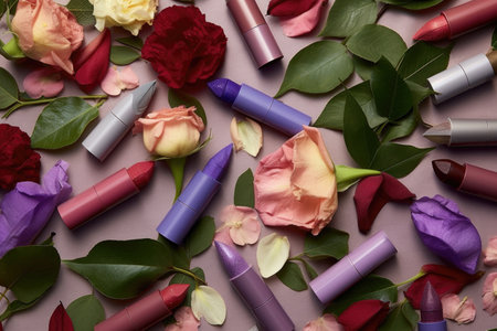 various lipsticks with flower petals and leaves, created with generative aiの素材