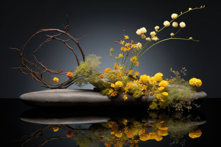 serene pond reflection of a beautiful ikebana display, created with generative aiの素材