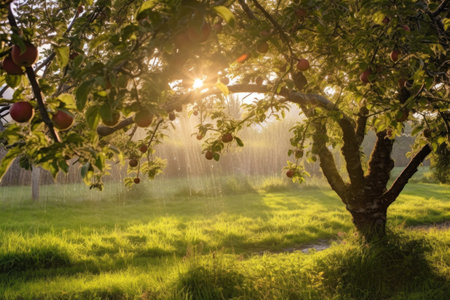 morning dew on apple orchard, sunrays peeking through, created with generative aiの素材