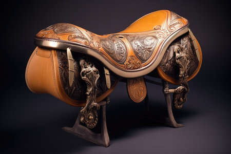 leather saddle with ornate metal fittings, created with generative aiの素材