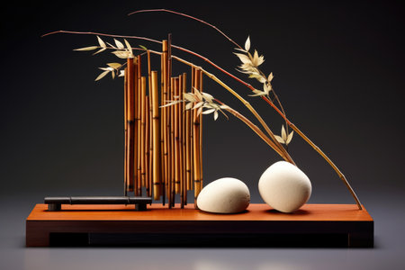 minimalist ikebana design with bamboo and stones, created with generative aiの素材