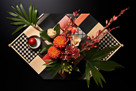 top view of an ikebana arrangement with geometric patterns, created with generative aiの素材