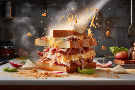 sandwich-making process with ingredients in motion, created with generative aiの素材