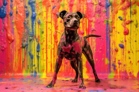 wet dog shaking in front of a colorful backdrop, created with generative aiの素材