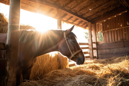 sunrays shining on horse as it eats hay, created with generative aiの素材