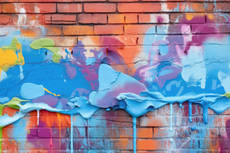 close-up of paint roller covering graffiti on brick wall, created with generative aiの素材