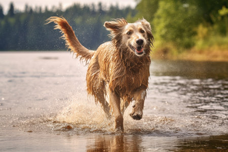 wet dog shaking off water near a lake or river, created with generative aiの素材