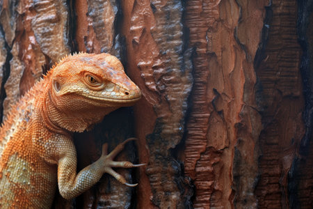 lizard shedding skin on textured bark, created with generative aiの素材
