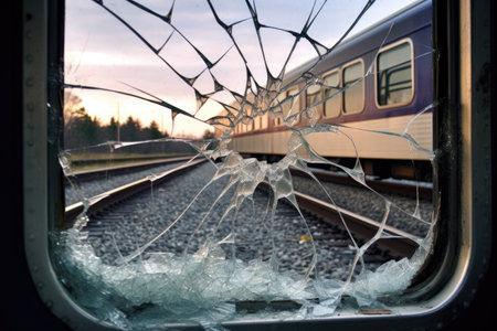 cracked train window with shattered glass on ground, created with generative aiの素材