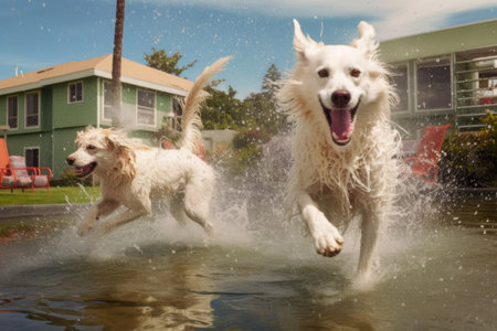 wet dog shaking near a swimming pool, water splashes around, created with generative aiの素材