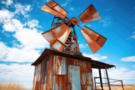rusty windmill against blue sky backdrop, created with generative aiの素材