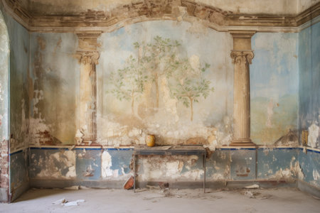 old mural with half restored and half faded artwork, created with generative aiの素材