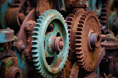 detail of corroded farm machinery gears, created with generative aiの素材