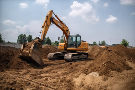 excavator, digging and moving earth to build new foundation, created with generative aiの素材