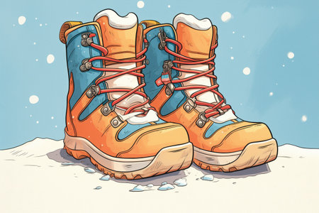 snowboarding boots with snow in the backgroundの素材