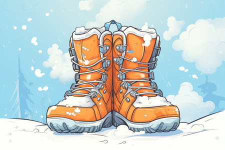snowboarding boots with snow in the backgroundの素材