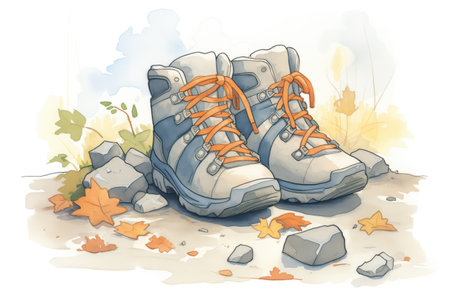 hiking boots on a rocky mountain pathの素材