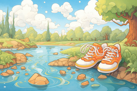 water shoes next to a riverの素材