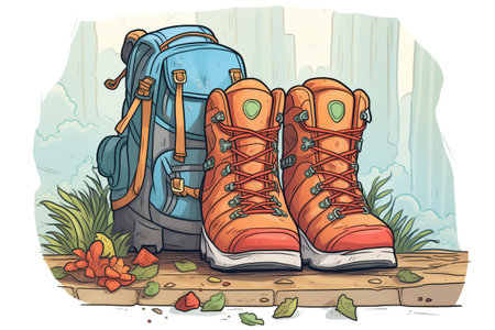 close-up of hiking boots with a backpack in the backgroundの素材