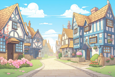 residential street with tudor homes, magazine style illustrationの素材