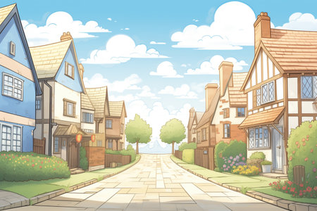 residential street with tudor homes, magazine style illustrationの素材