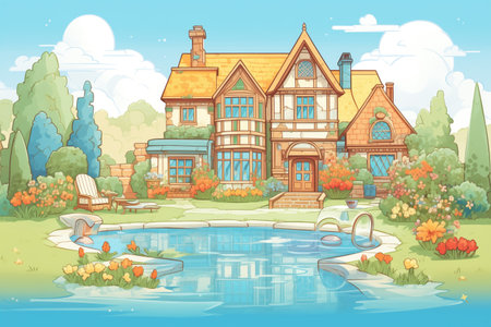 luxurious tudor mansion with swimming pool, magazine style illustrationの素材