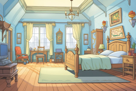 bedroom in a tudor-style mansion, magazine style illustrationの素材