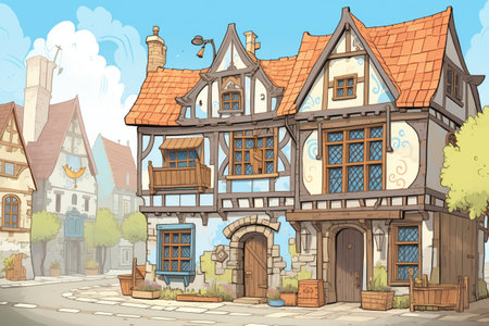tudor architecture in an urban setting, magazine style illustrationの素材