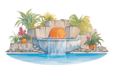 stone bowl holding waterfall in a modern outdoor poolの素材