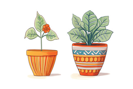 decorative plant in terracotta pot beside one in plastic potの素材