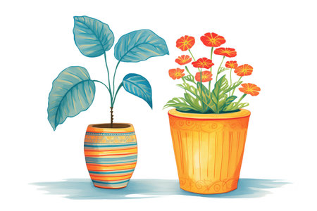 decorative plant in terracotta pot beside one in plastic potの素材