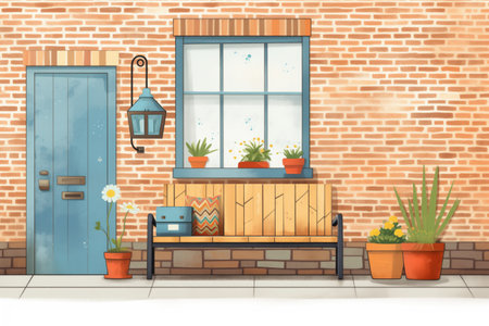 a lone wooden bench against a brick facade, magazine style illustrationの素材