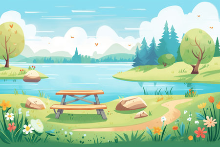 fold-up picnic table on a grassy riverbankの素材