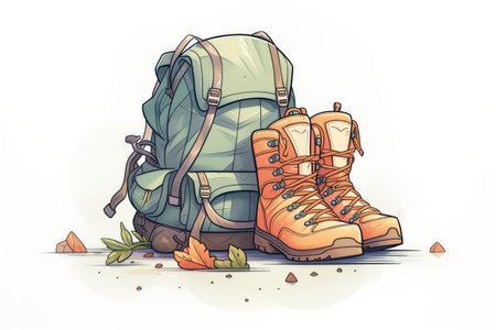 close-up of hiking boots next to a backpackの素材