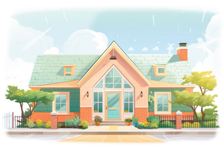 cape cod house with side gable roof and a brick walkway, magazine style illustrationの素材