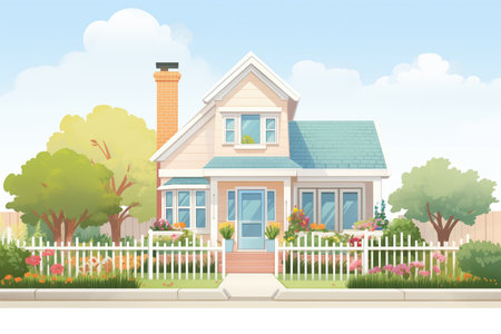 palatial cape cod house featuring a side gable roof and front garden, magazine style illustrationの素材