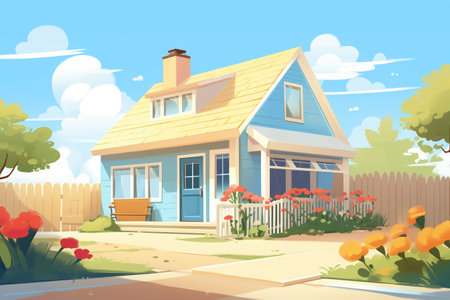 a cape cod house with a side gable roof near a sandy path, magazine style illustrationの素材