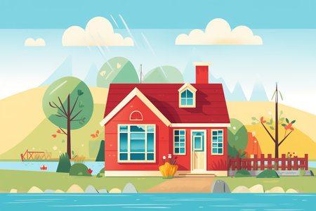 red cape cod house with a side gable roof near a river, magazine style illustrationの素材